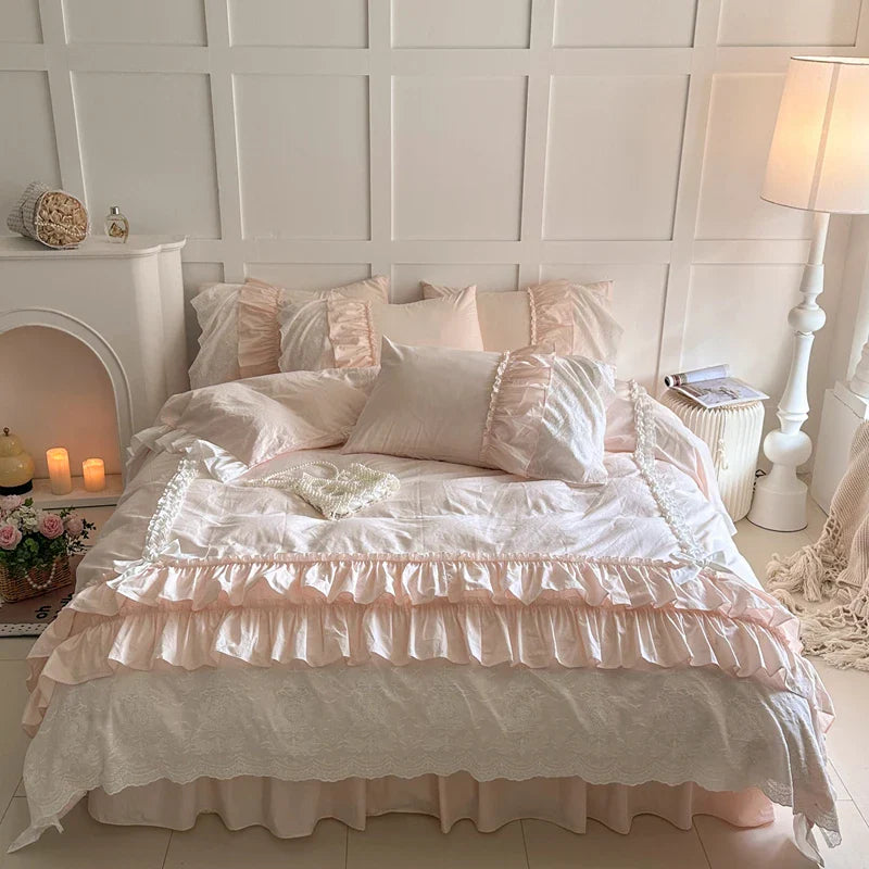 Afralia™ Korean Lace Ruffles Cotton Bedding Set - Sweet Girl Design