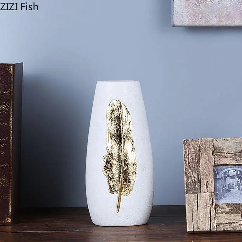 Afralia™ Gold Feather Vase & Artificial Flowers Set - Modern Home Decor