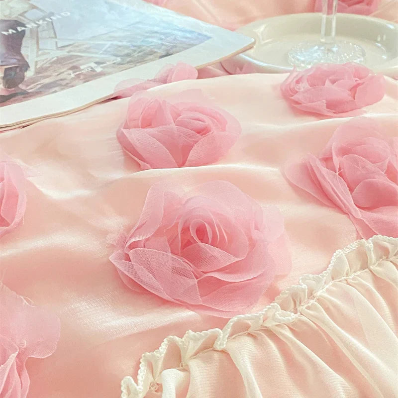 Afralia™ Velvet Rose Flowers Lace Patchwork Princess Bedding Set Queen 4Pcs 200x230cm