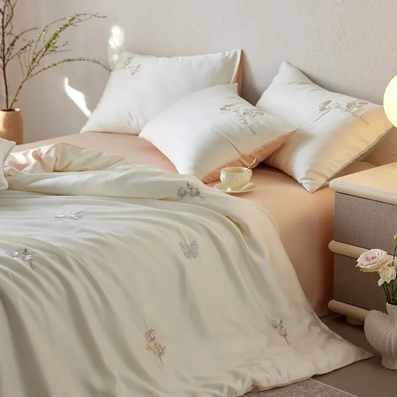 Afralia™ Cartoon Embroidery Comforter Set with Silky Cooling Touch Fitted Sheet - Luxury Rayon Bedding Set