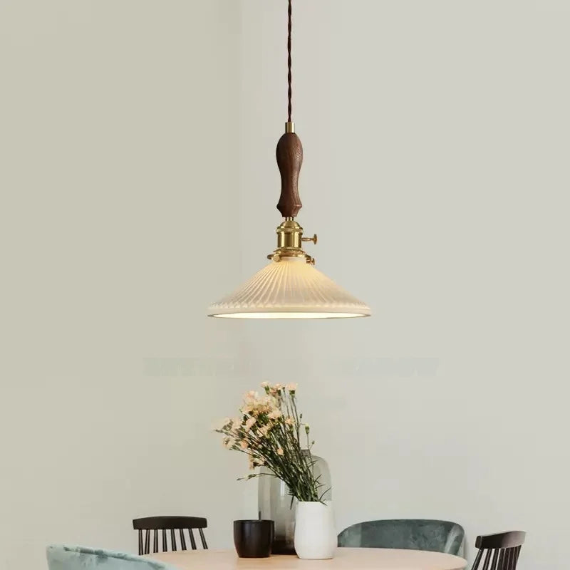 Afralia™ Ceramic LED Pendant Lamp with Wood Handle for Bedroom, Living Room, Dining - Vintage Japanese Style