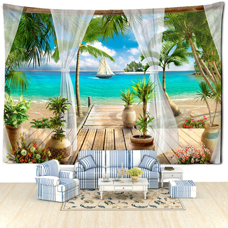 Beach Plank Path Tapestry - Afralia™ Tropical Landscape Art for Minimalist Room Decor