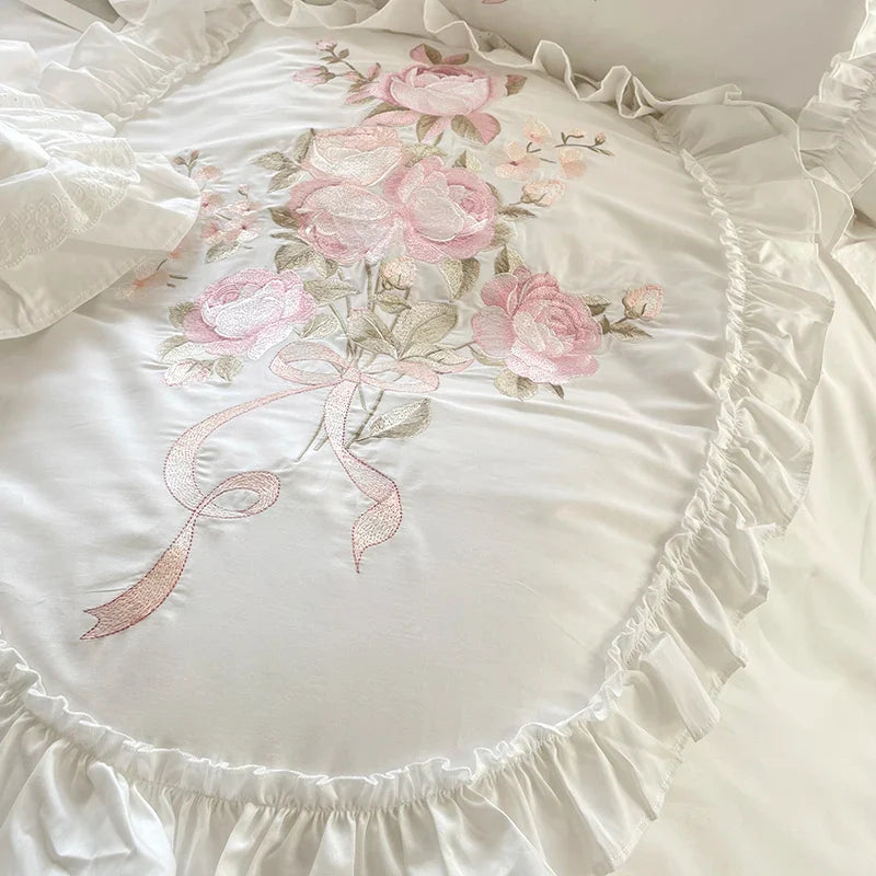 Afralia™ Vintage Rose Bouquet Embroidered Duvet Set with Ruffles & Patchwork