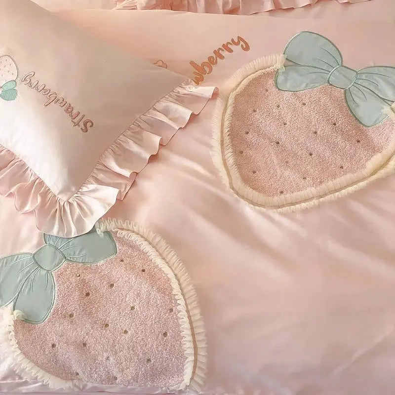 Afralia™ Pink Strawberry Embroidery Girl Bedding Set 1000TC Egyptian Cotton