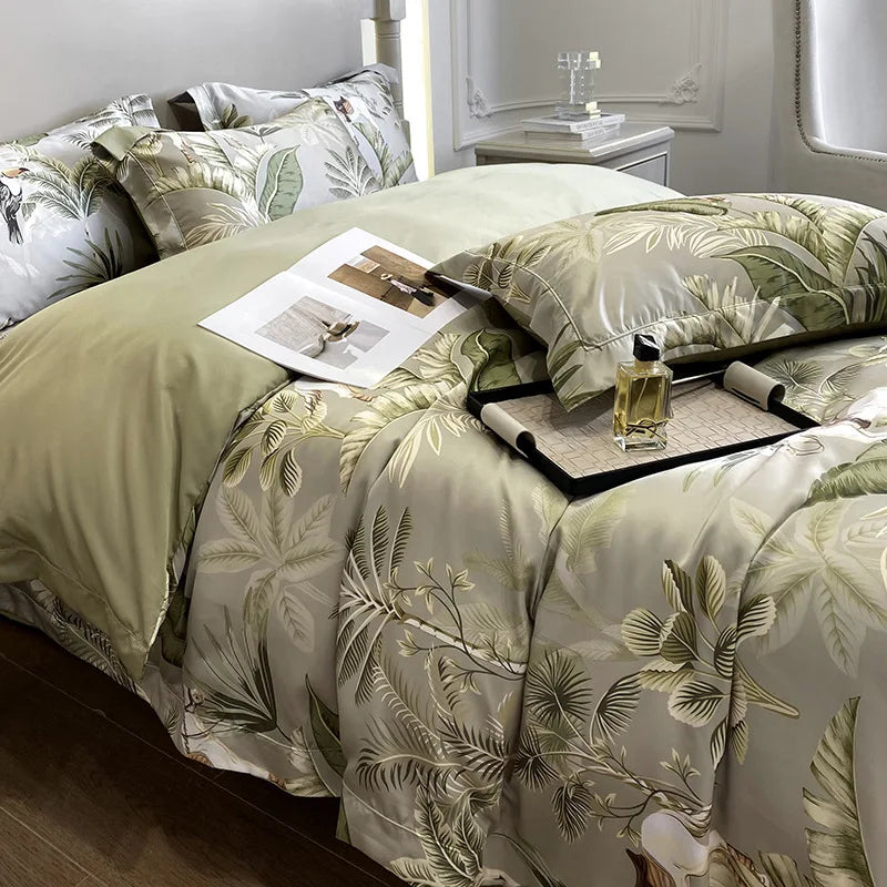 Afralia™ Ice Silk Plant Printed Bedding Set - Fashionable & Cool Comforter for Naked Sleep