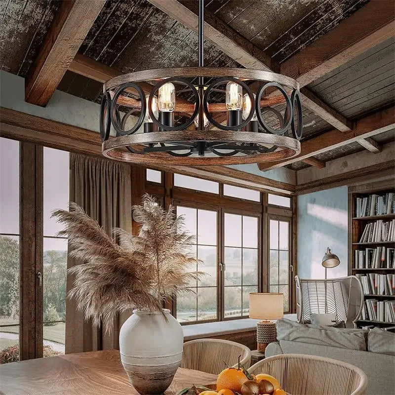 Afralia™ Industrial Farmhouse Circular Chandelier Retro Iron Art Wood Grain Ceiling Light
