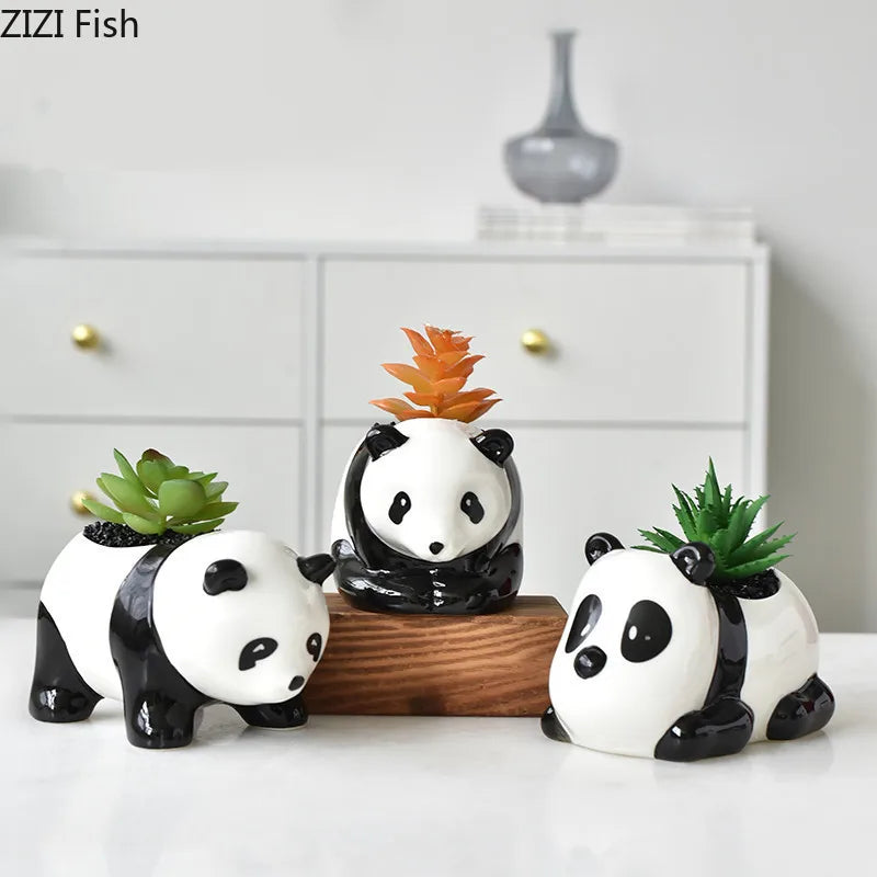 Afralia™ Panda Cartoon Ceramic Flower Pot for Succulents, Artificial Animal Vase and Floral Arrangement