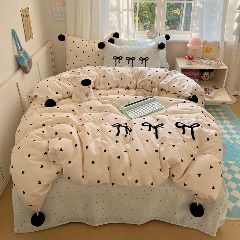 Afralia™ Korean Princess Bow Lattice Pompom Bedding Set - Single Queen Size