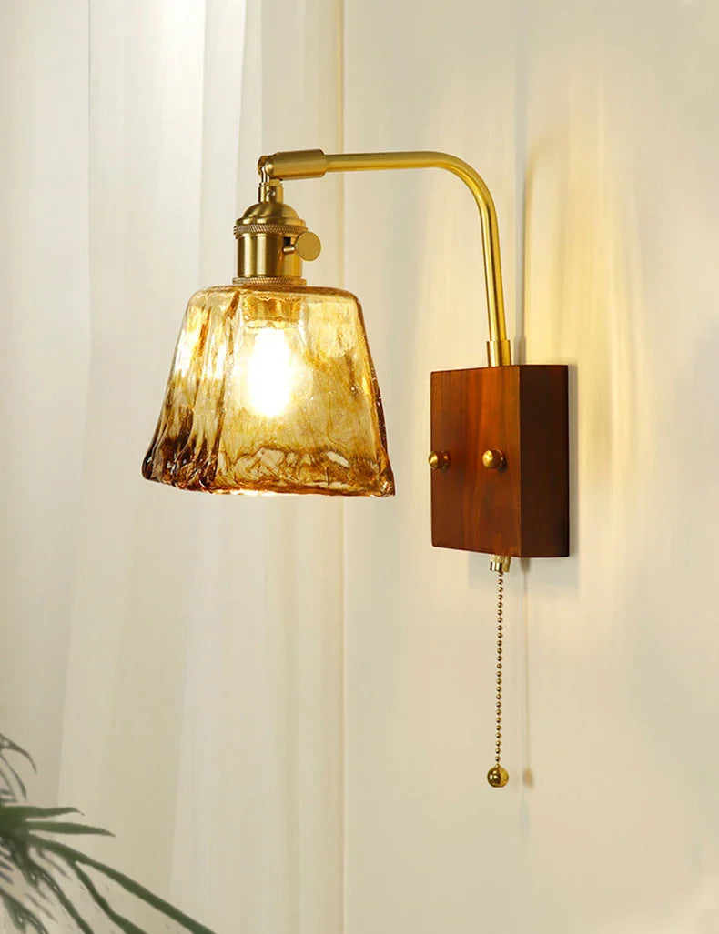 Afralia™ Wooden Brass Glass Wall Lamp Modern Bedroom Bedside Light