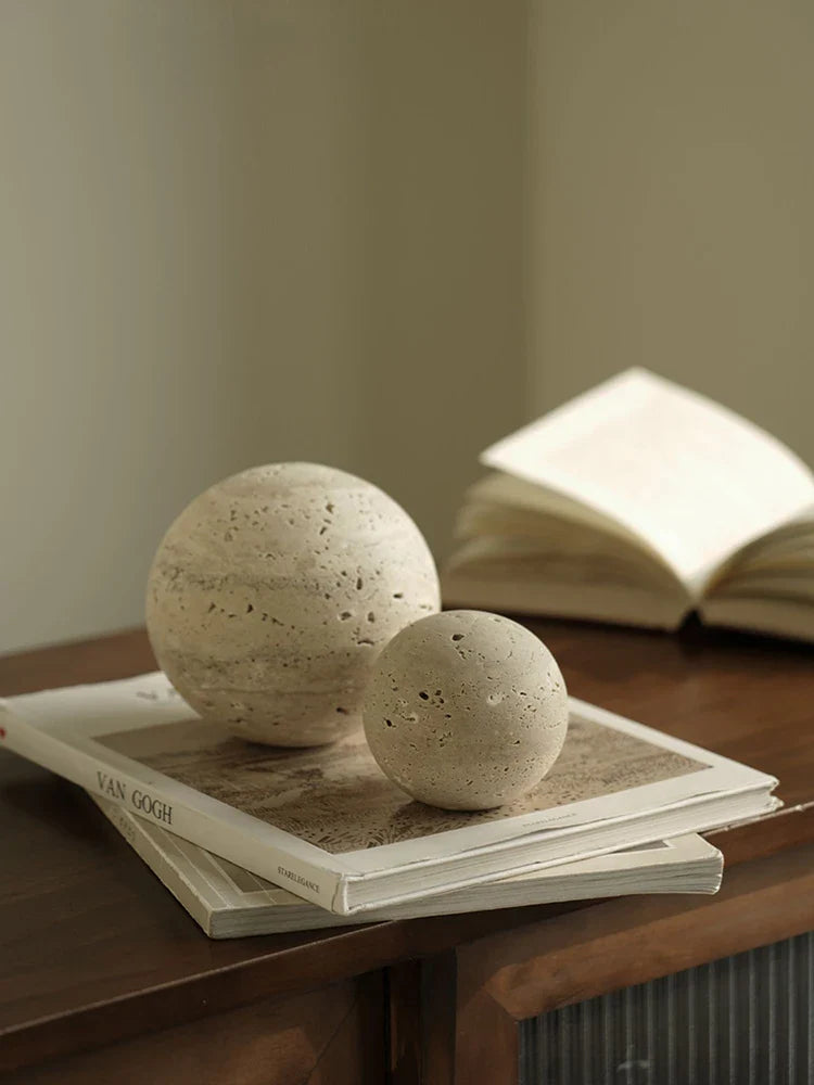 Afralia™ Marble Stone Ball Decor Table Shelf Vintage Travertine Sphere Sculpture