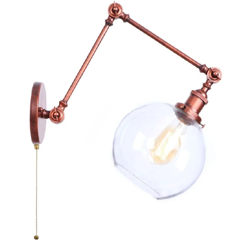 Afralia™ Swing Arm LED Wall Lights Pull Chain Switch Glass Ball Industrial Home Decor
