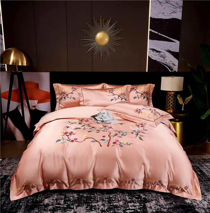 Afralia™ Peony Flowers Embroidery Bedding Set - Luxury Chinese Style - Duvet Cover & Sheets