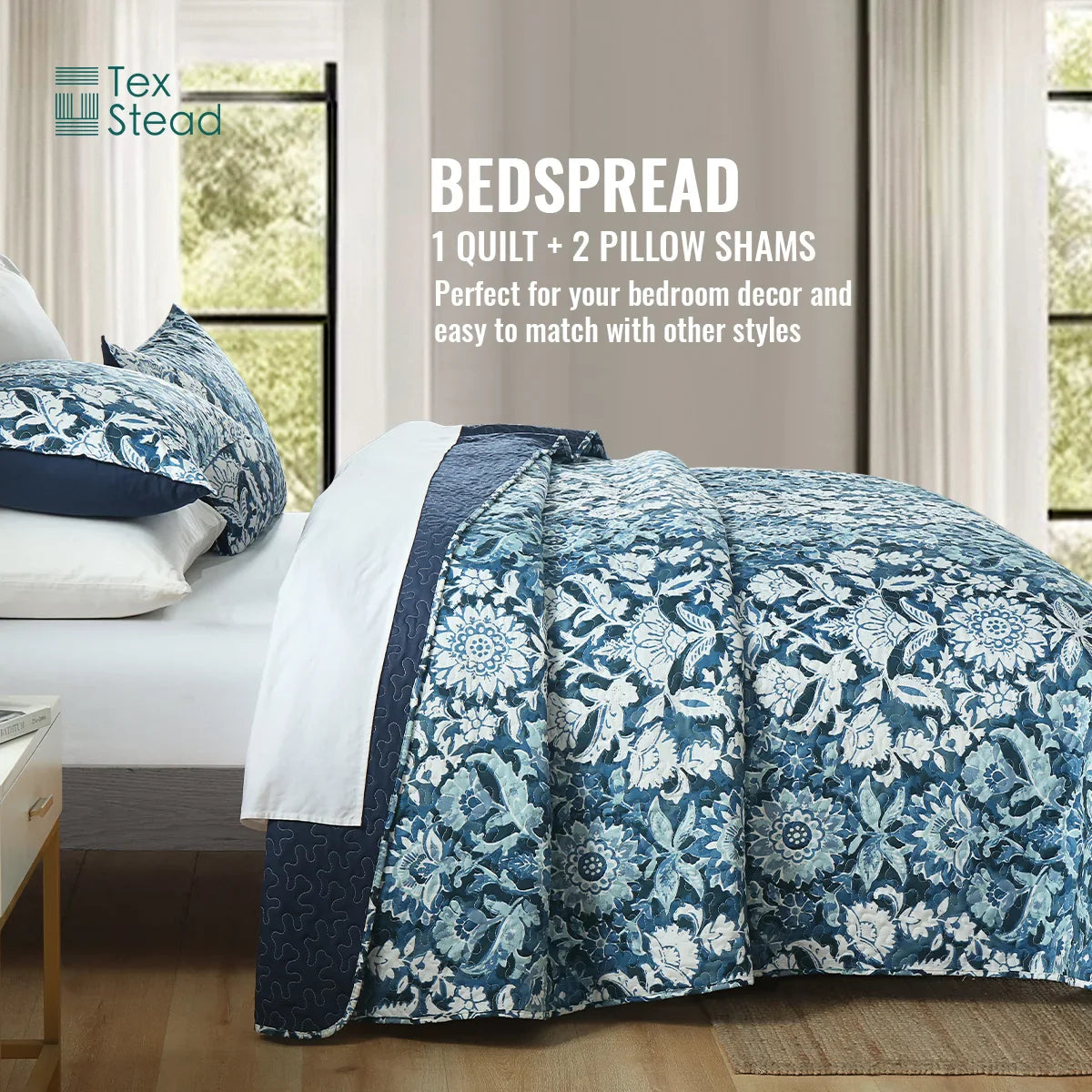 Afralia™ Blue Floral Quilted Bedding Set - Farmhouse Style All Seasons - 3 Piece