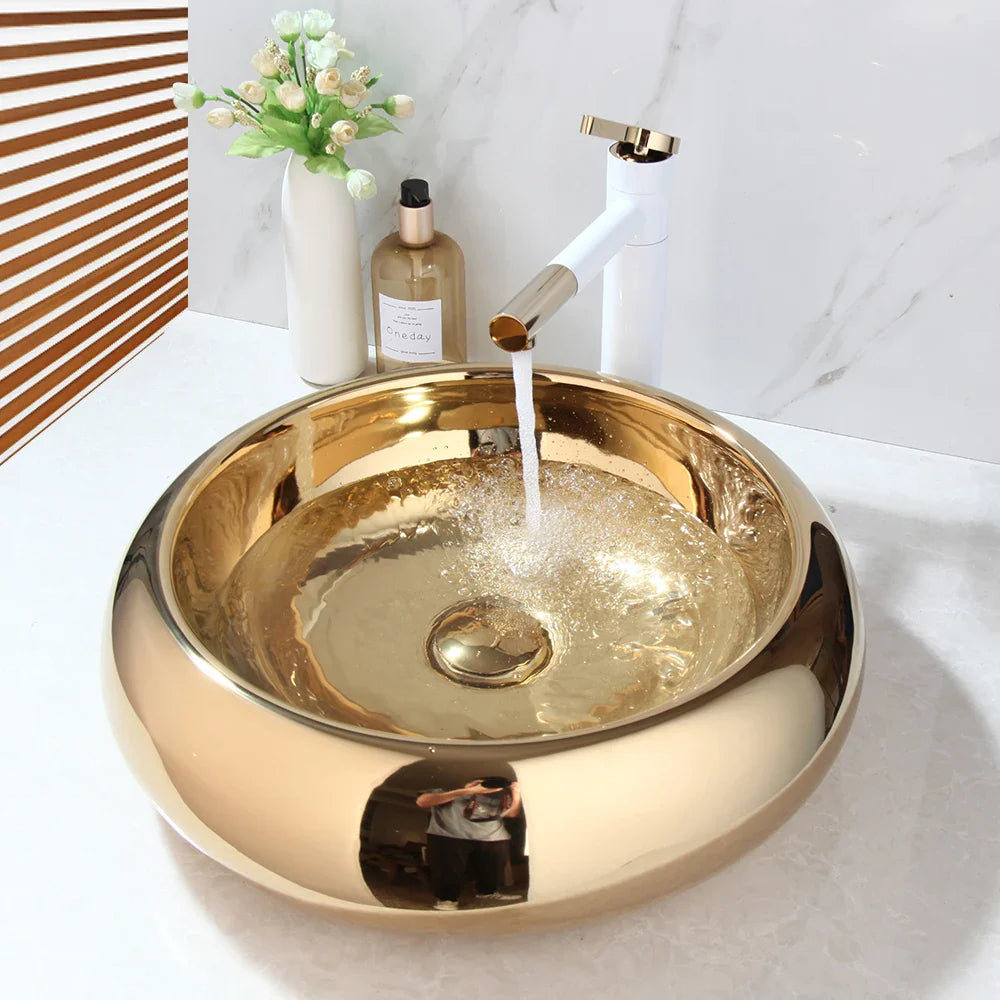 Afralia™ Golden Plated Round Ceramic Luxury Bath Mixer Set with Brass Faucet & Pop Drain
