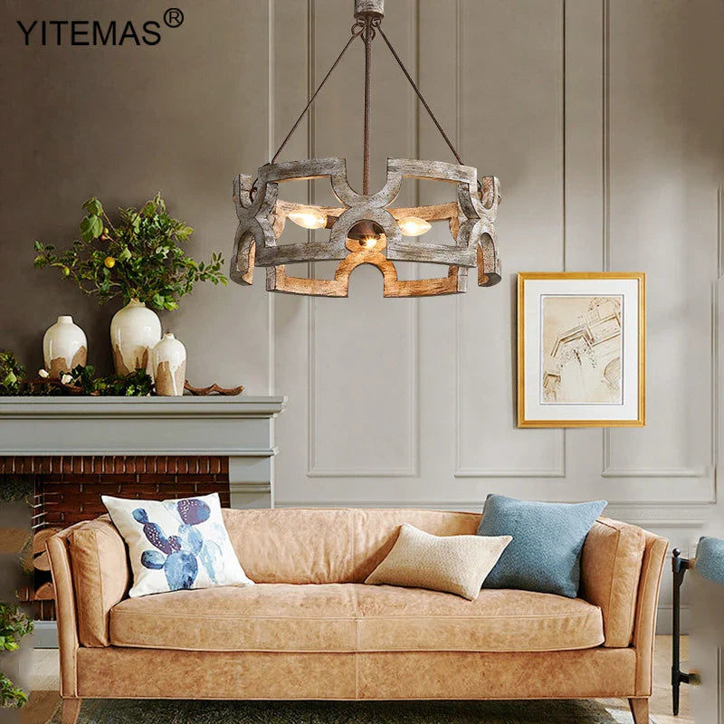 Afralia™ Vintage Wooden Chandelier: Rustic Metal Lighting for Living Dining Bedroom