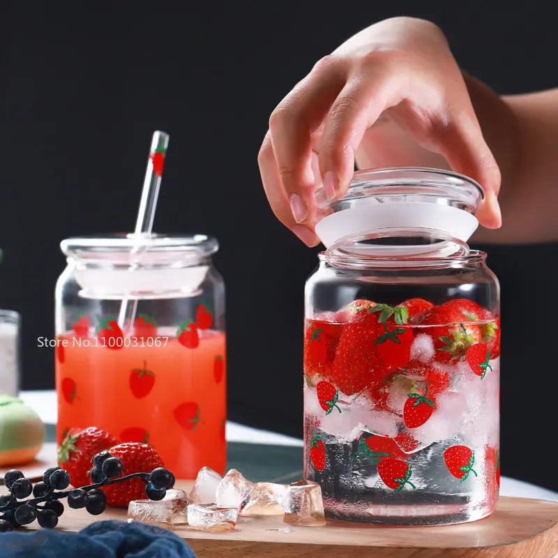 Afralia™ Glass Cup Set with Lip Straws for Cold Drinks, Handmade, 600ml Strawberry Flavor