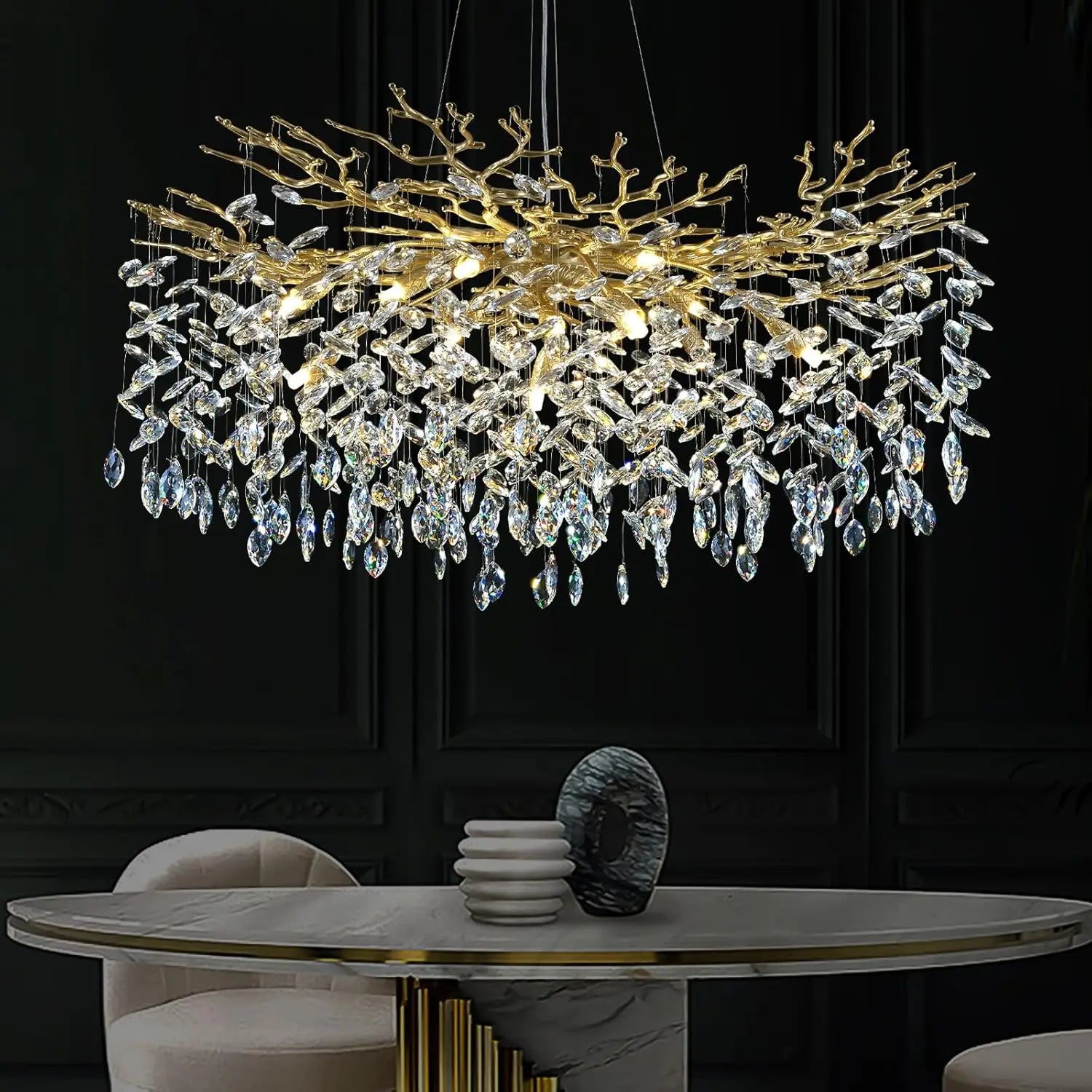 Afralia™ Black Branch Crystal Chandelier - Modern Rectangular Pendant Light for Dining Room-Living Room-Kitchen
