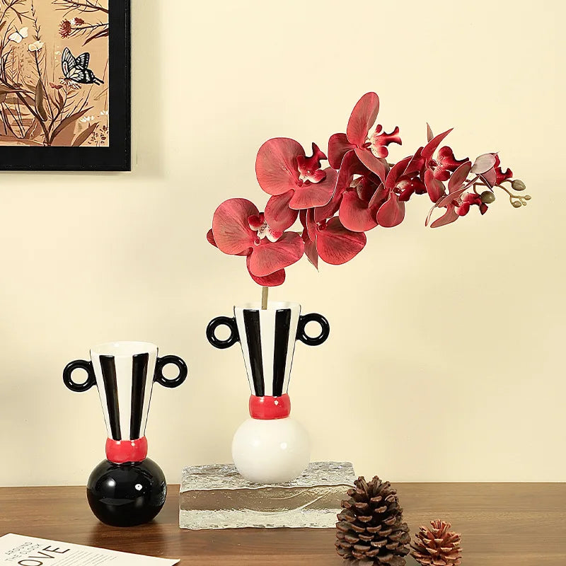 Afralia™ Geometric Stripes Ceramic Vase Black & White Home Decor