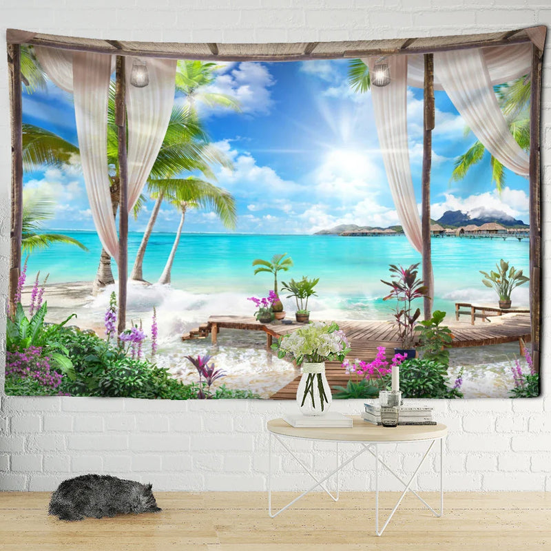 Afralia™ Coconut Forest Sea View Tapestry Wall Hanging - Aesthetic Home Decor