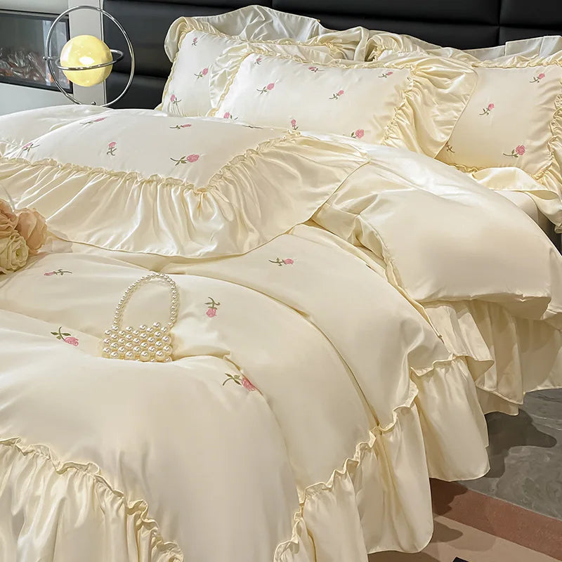 Afralia™ Ice Silk Embroidery Bedding Sets: Luxury Rayon Duvet Set with Lace, Soft & Cozy
