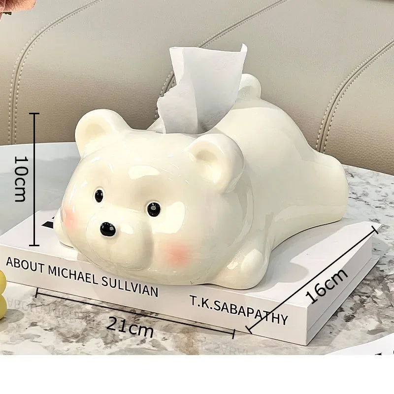 Afralia™ White Bear Ceramic Tissue Box: Cute Cartoon Bear Design for Coffee Table & Desk