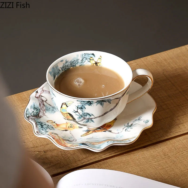 Afralia™ Flowers & Birds Pattern Ceramic Cup & Saucer Set for Dining Table - Tea & Coffee Mug