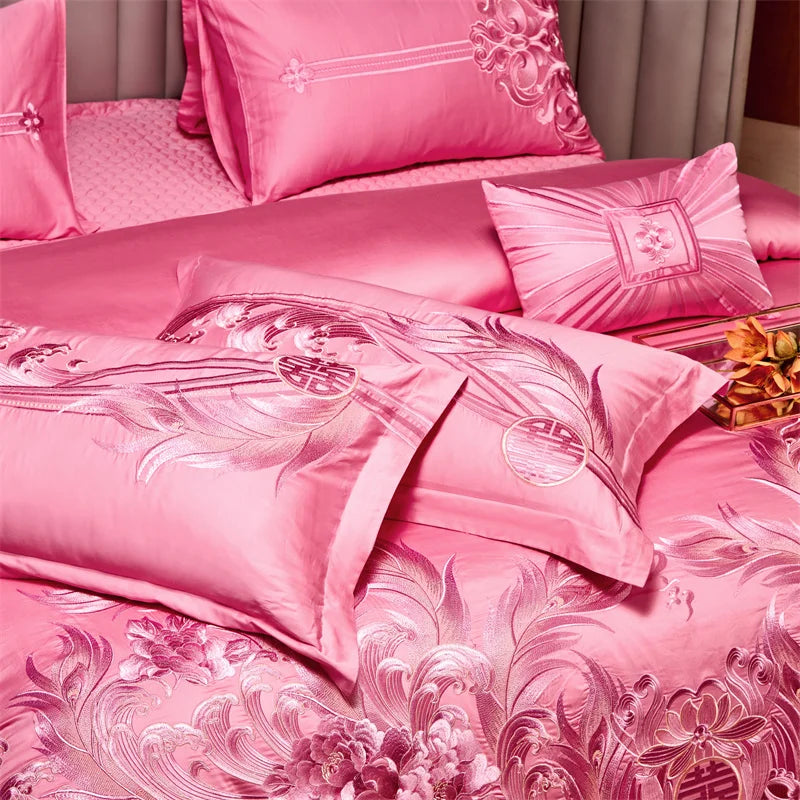 Afralia™ Peony Embroidery Luxury Chinese Style Bedding Set