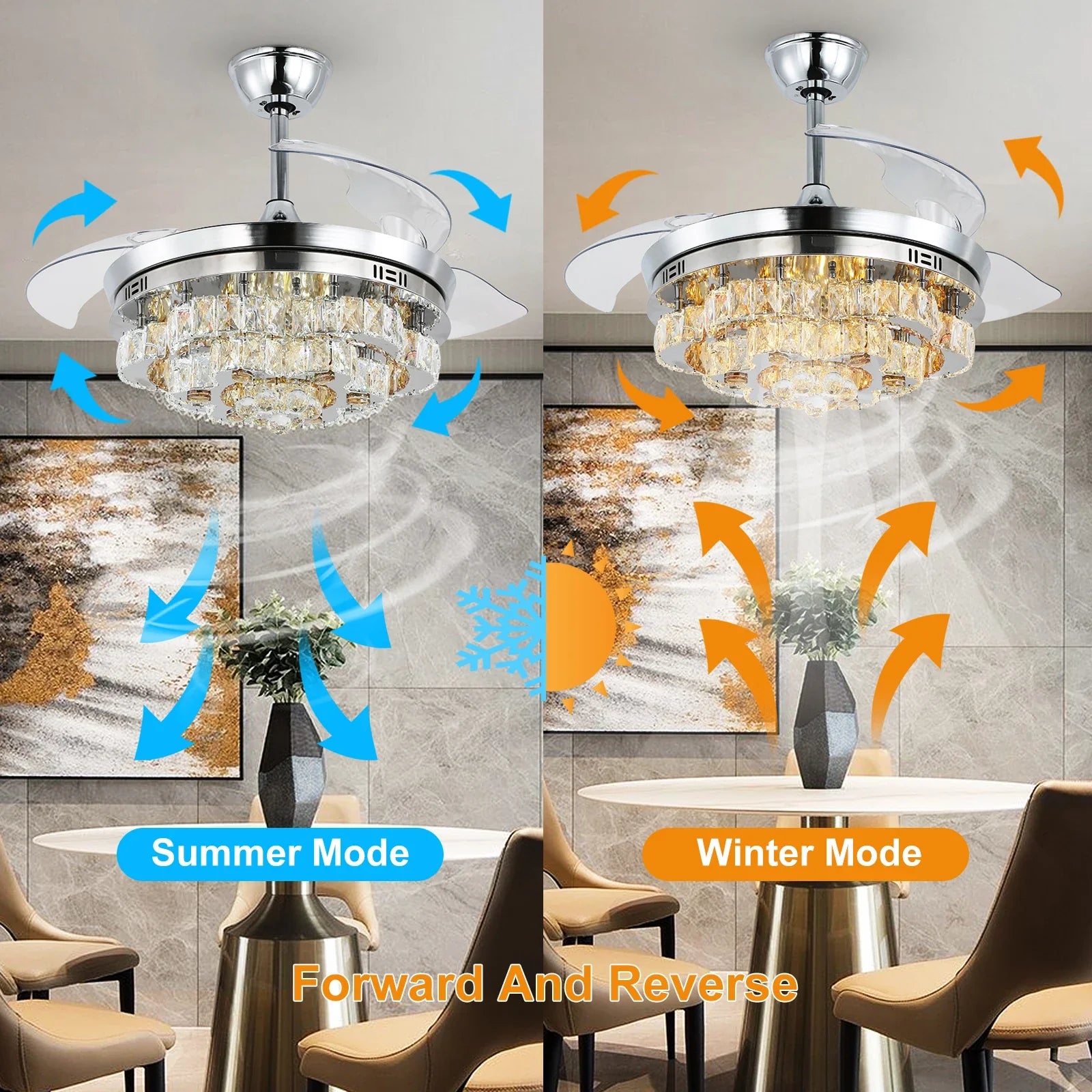 Afralia™ Crystal Fan Chandelier LED Light Retractable Blades Dimmable Remote Modern Home Decor