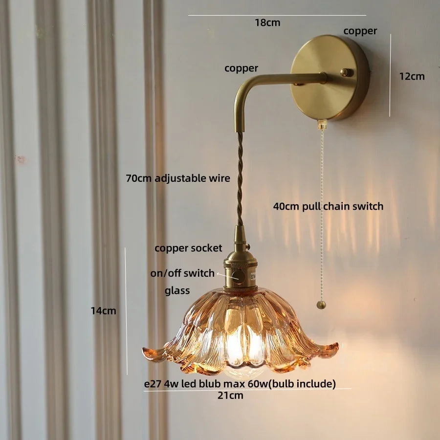 Afralia™ Glass & Copper Green Flower LED Wall Sconce with Pull Chain