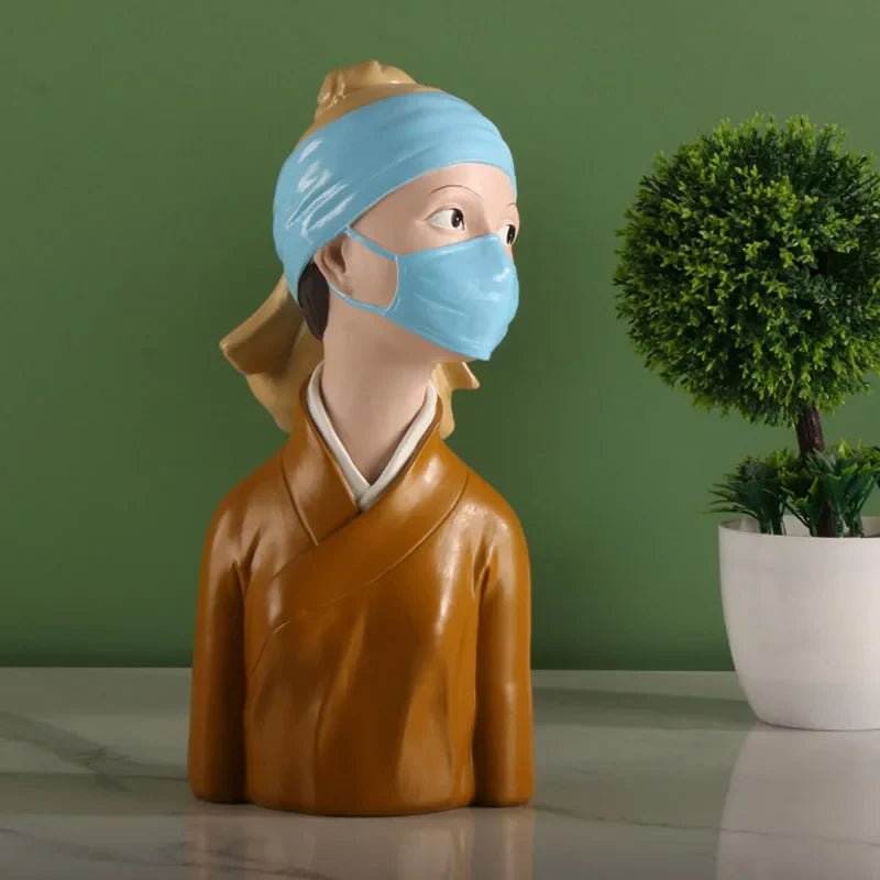 Afralia™ Resin Mask Girl Statue Banksy Art Figure for Interior Decor