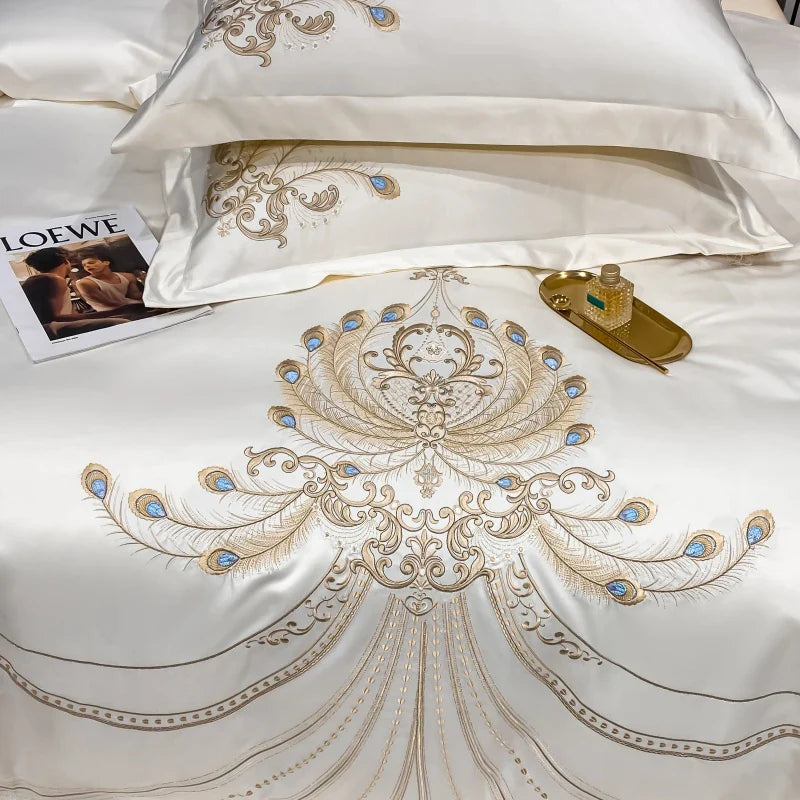Afralia™ Gold Feather Embroidery Egyptian Cotton Patchwork Bedding Set