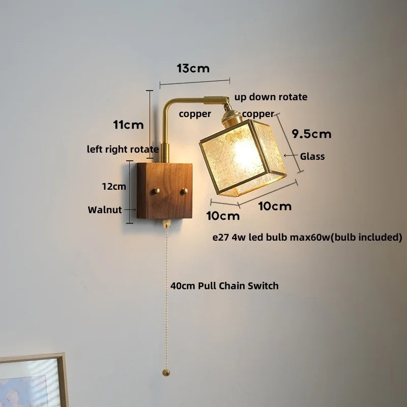Afralia™ LED Walnut Wood Cube Glass Wall Light with Pull Chain Switch