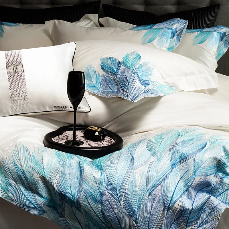 Afralia™ Luxury Feather Embroidery Bedding Set in 1000TC Egyptian Cotton, Queen King Size