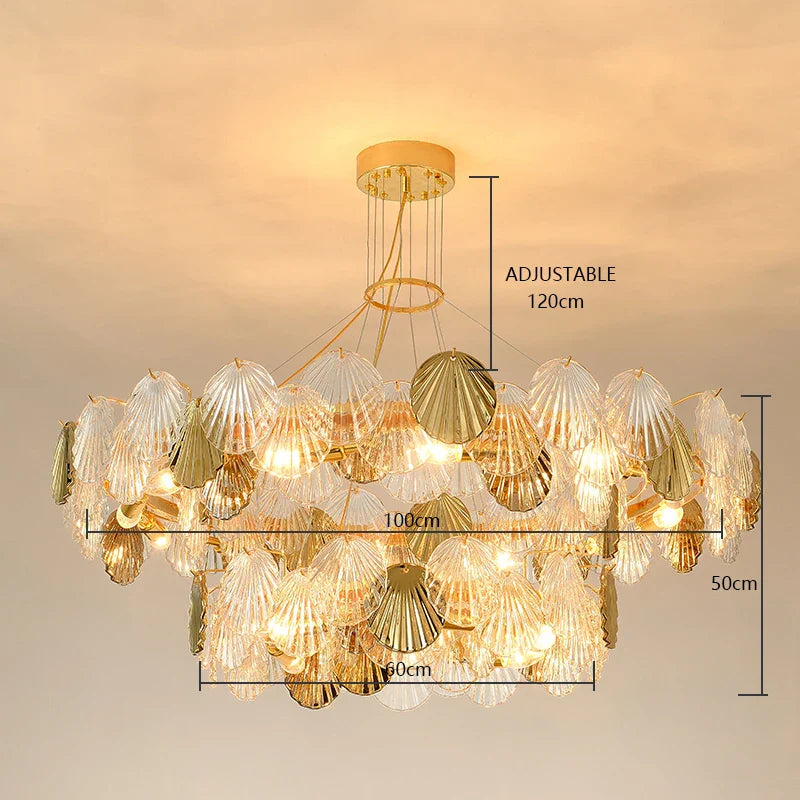 Afralia™ Shell Glass LED Ceiling Chandeliers Gold - Modern Living Room Decor