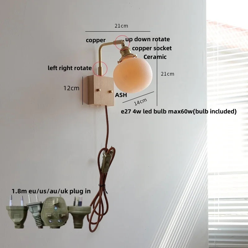 Afralia™ Globe Ceramic LED Wall Lights Walnut Wood Sconce Rotatable Bedside Lamp
