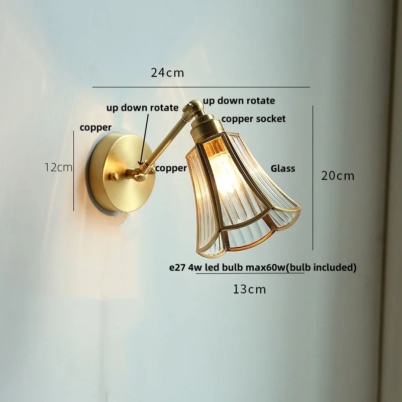 Afralia™ Vintage Brass Clear Glass Wall Lights Rotate Bedside Lamp for Restaurant Bedroom