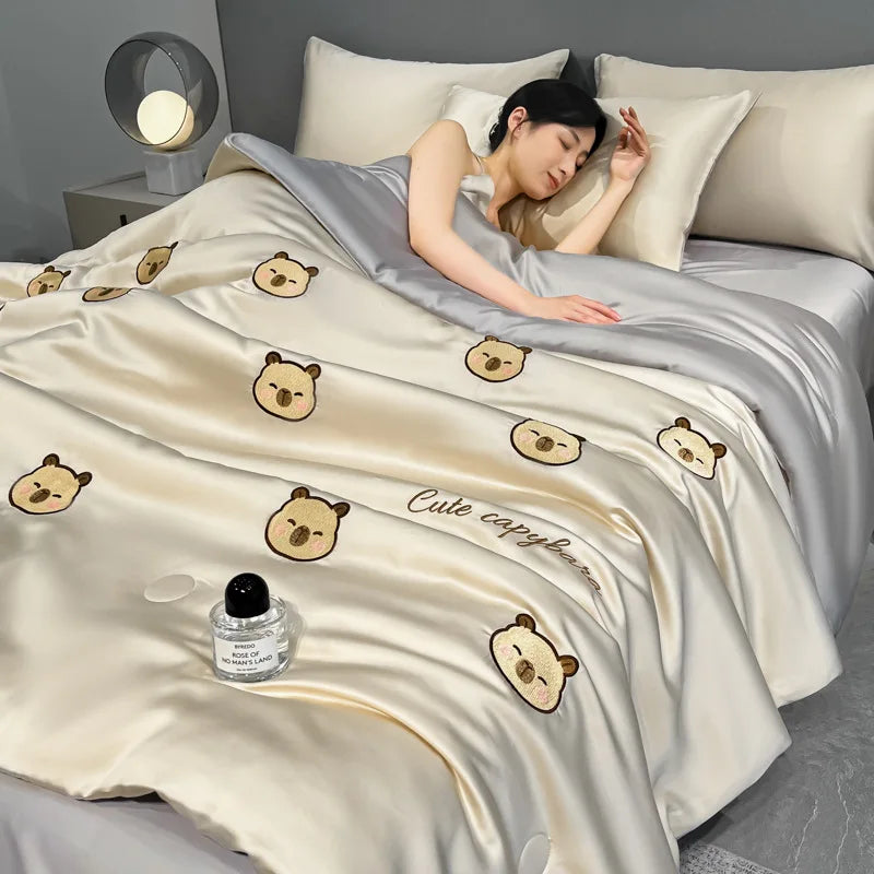 Afralia™ Washed Silk Embroidered Quilt Set Queen, Cooling Summer Blanket