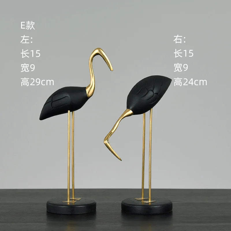 Afralia™ Wooden Crane Swan Brass Sculpture Home Decor Figurine