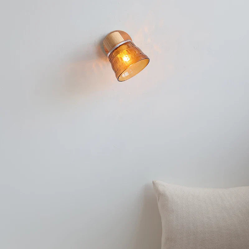 Afralia™ Amber Glass LED Wall Sconce Nordic Modern Wood Pull Chain Switch Stair Light