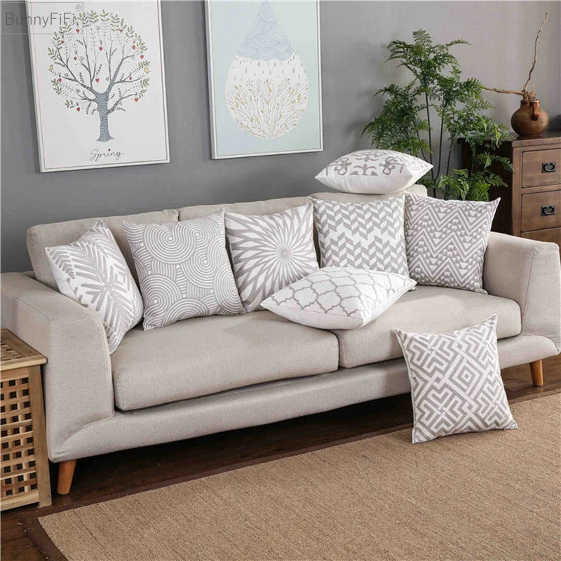 Afralia™ Geometric Embroidered Cushion Cover Light Grey Cotton 45x45cm