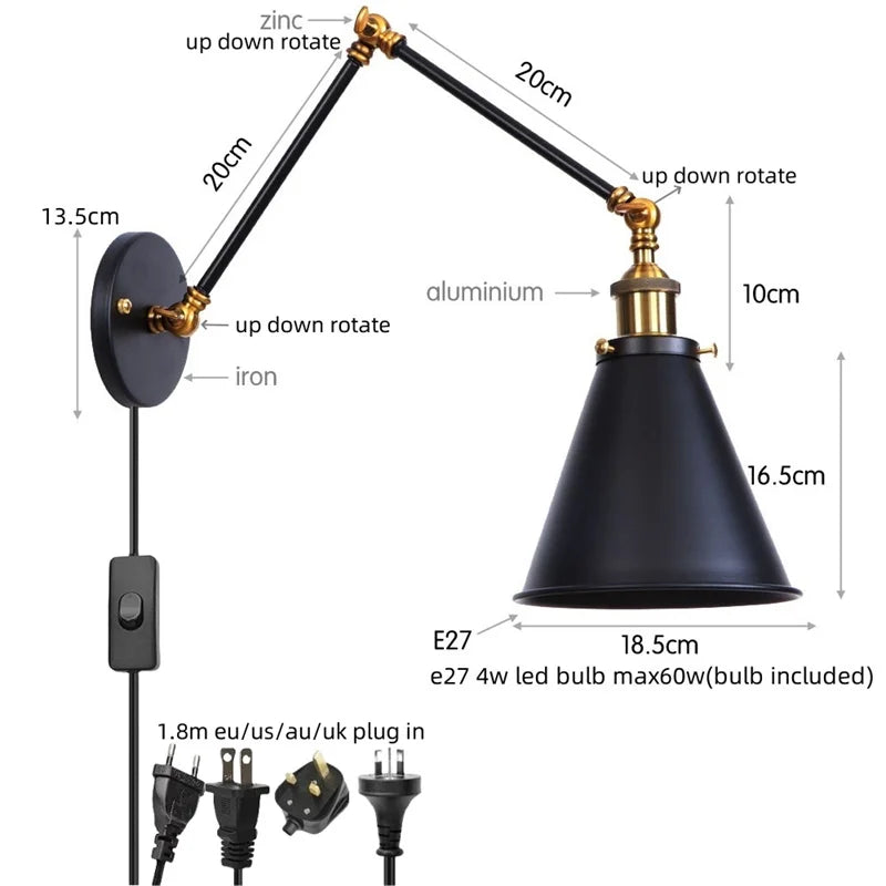 Afralia™ Retro LED Swing Arm Wall Sconce Black Industrial Vintage Lamp
