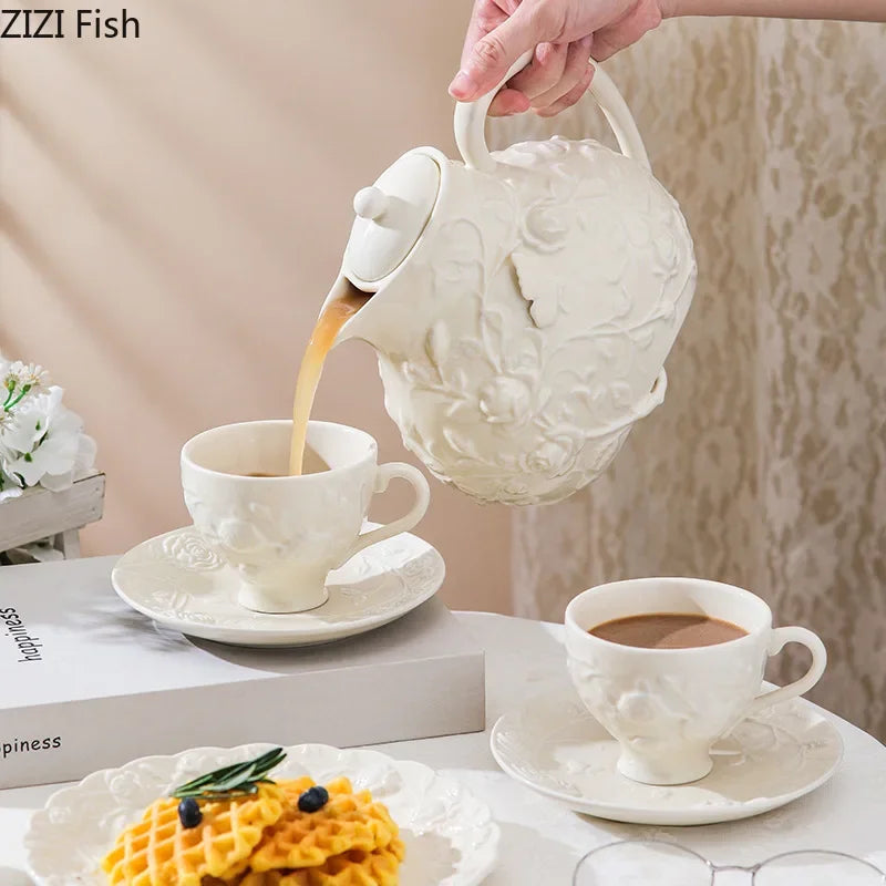 Afralia™ White Floral Ceramic Cup & Saucer Set for Elegant Dining Experience