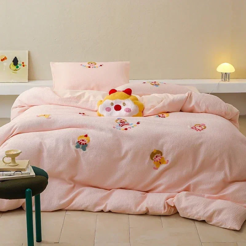 Afralia™ Pink Waffle Cotton Duvet Set with Sheet, Pillow, and Throw - High-End Embroidered Bedding