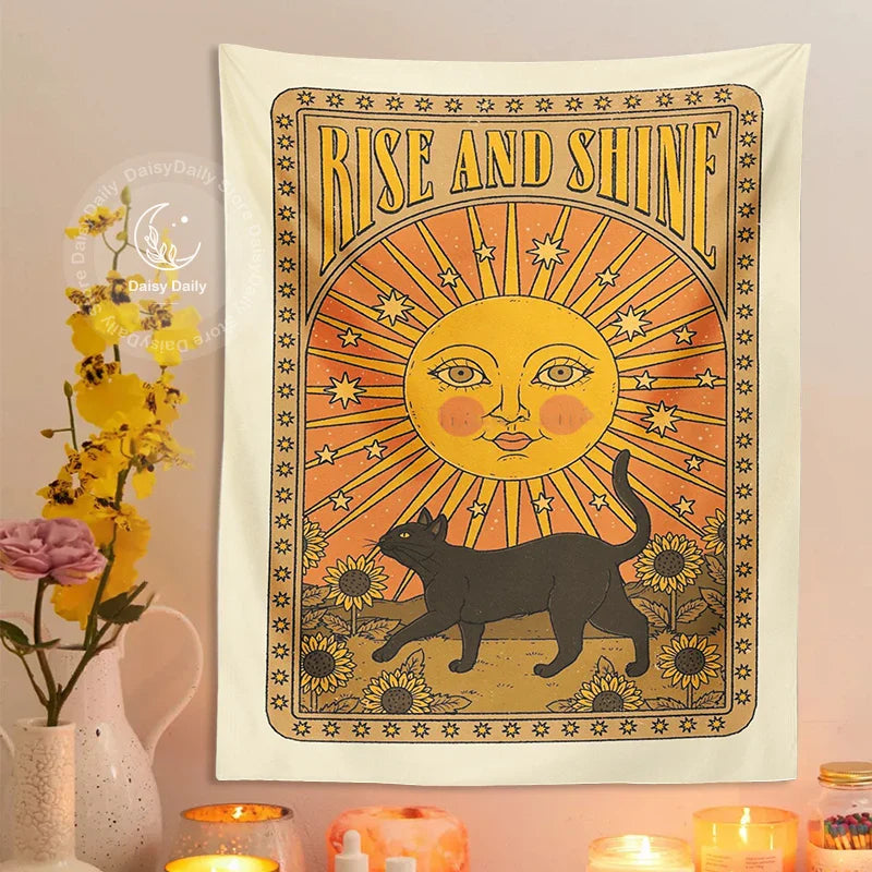 Sun Cat Tarot Tapestry by Afralia™: Vintage Boho Wall Art for Witchcraft and Hippie Decor