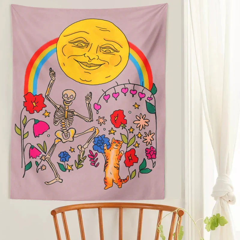 Flower Cats Moon Tapestry Wall Hanging Rainbow Carpet Tapestries for Boho Decor by Afralia™