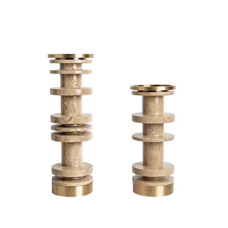 Afralia™ Marble Candle Holder with Metal Base Luxury Home Decor Beige Brown Travertine