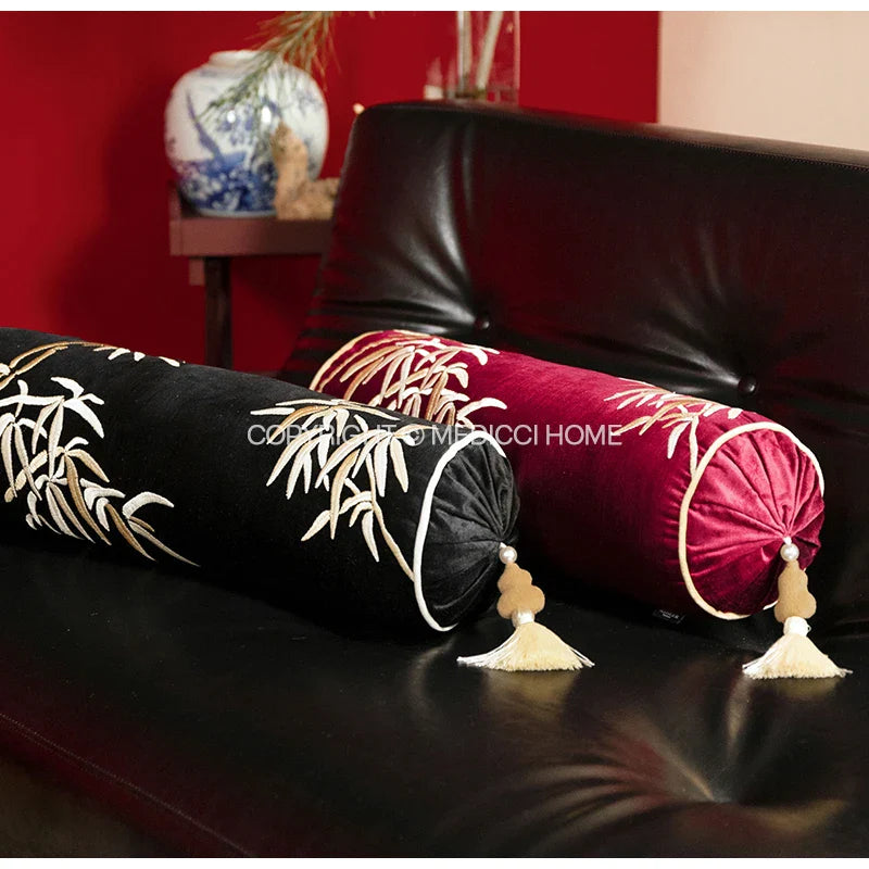 Afralia™ Bamboo Leaves Embroidery Bolster Pillow Covers - 18x55cm