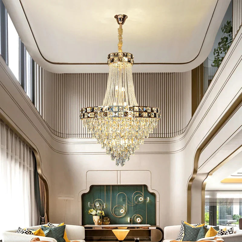 Afralia™ Smart Dimming Crystal Chandelier for Luxury Villa Living Room, High-end Duplex Building Atmosphere