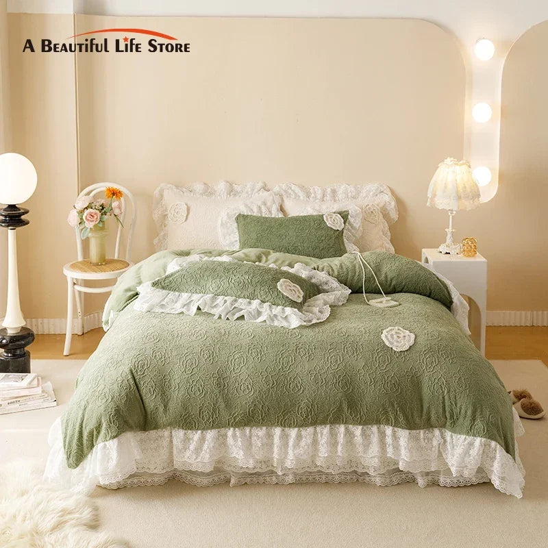 Afralia™ Luxe Carved Velvet Lace Ruffles Bedding Set with Quilted Bed Skirt