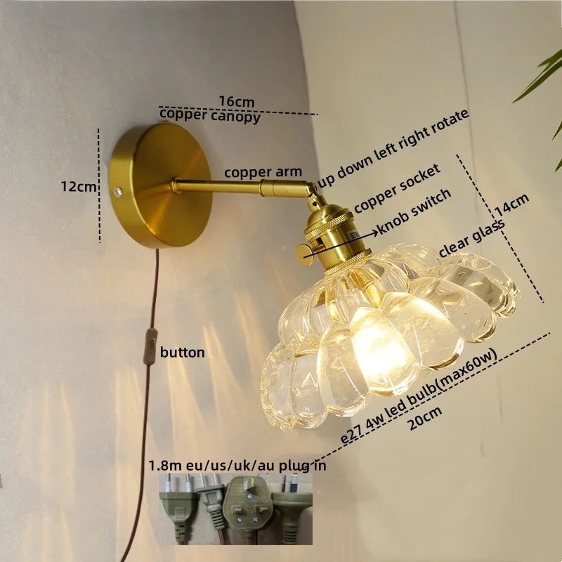 Afralia™ Nordic LED Wall Lights Pull Chain Switch Copper Glass Home Decor
